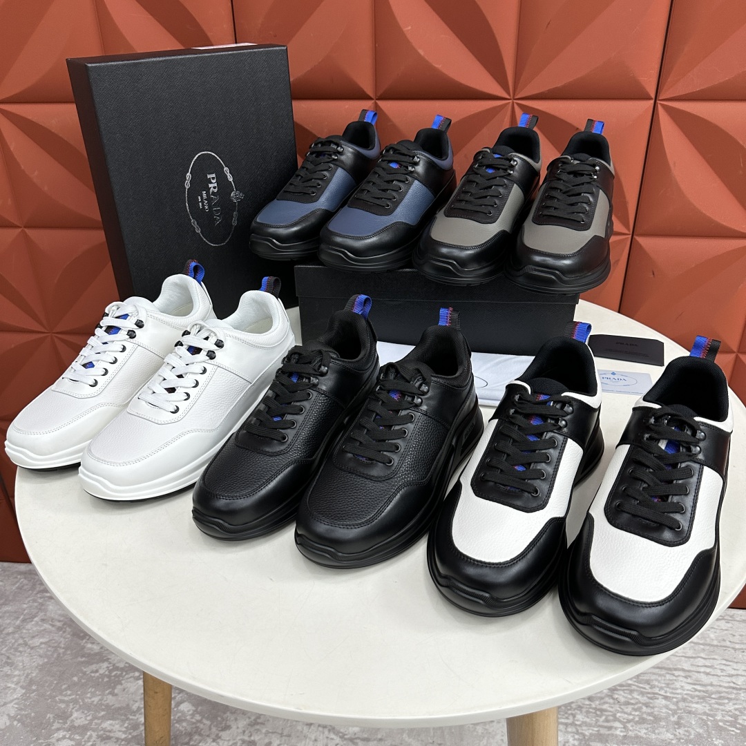 💋💍P家新品   PRAD*/普拉-达  新款男士厚底皮革运动休闲鞋     这款皮革运动鞋采用平纹牛皮