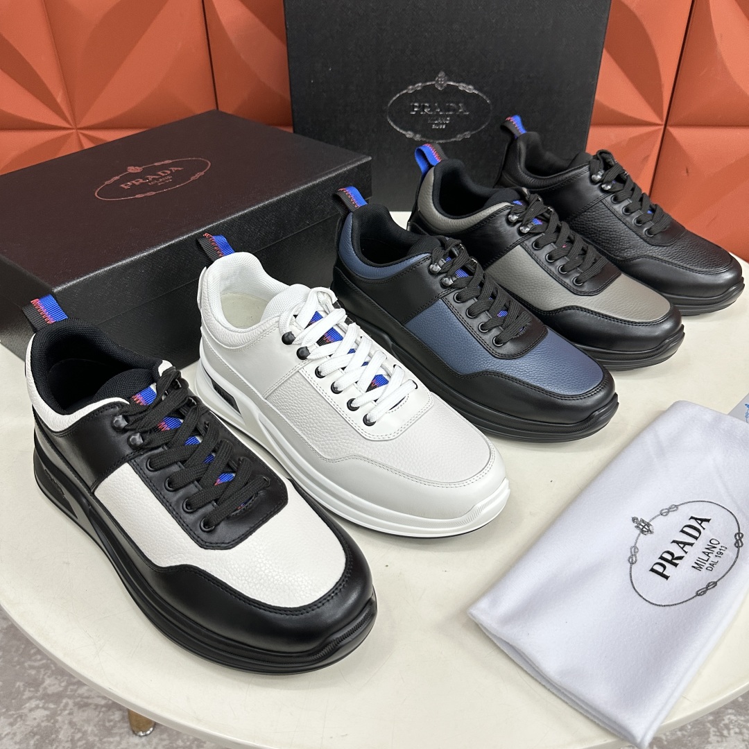 💋💍P家新品   PRAD*/普拉-达  新款男士厚底皮革运动休闲鞋     这款皮革运动鞋采用平纹牛皮