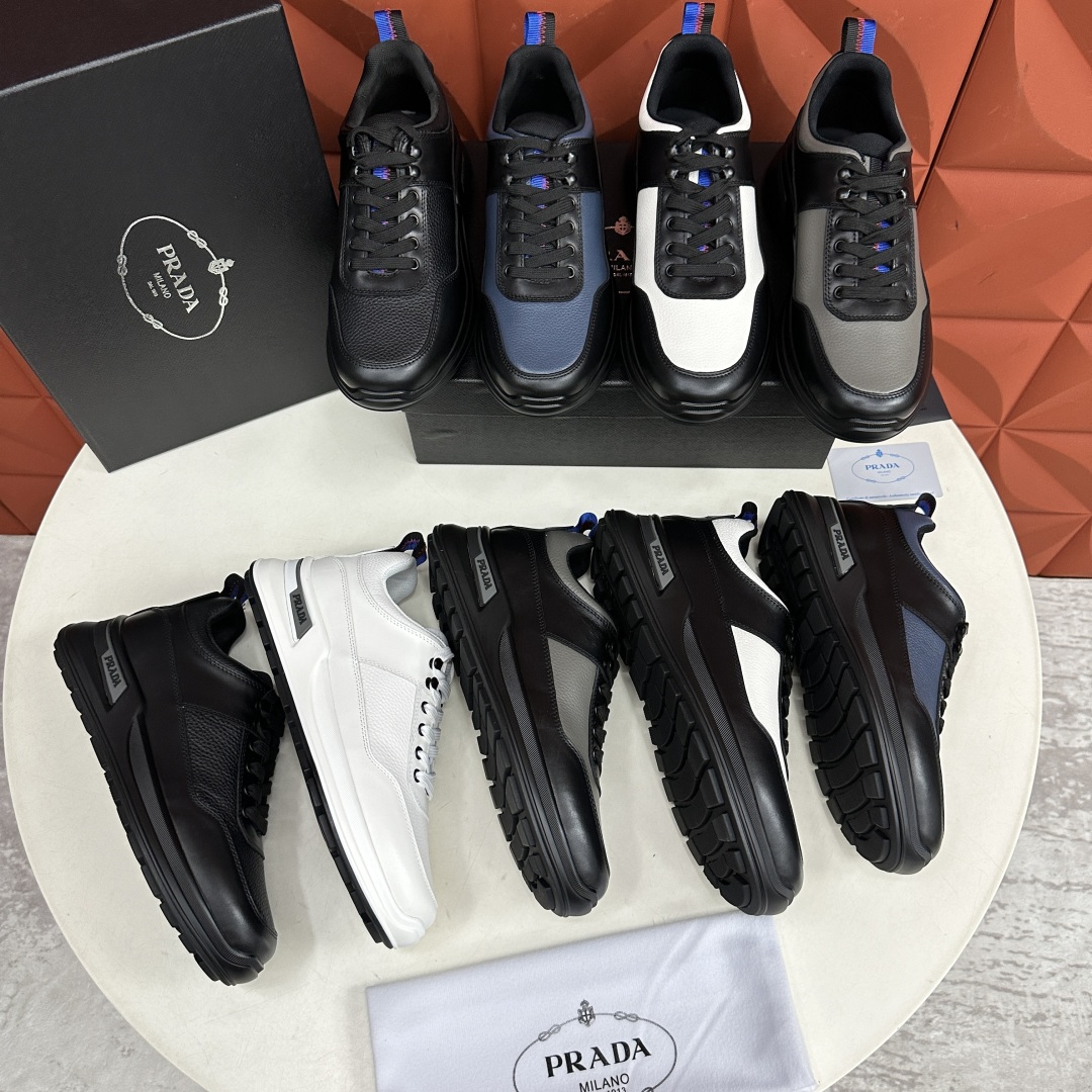 💋💍P家新品   PRAD*/普拉-达  新款男士厚底皮革运动休闲鞋     这款皮革运动鞋采用平纹牛皮