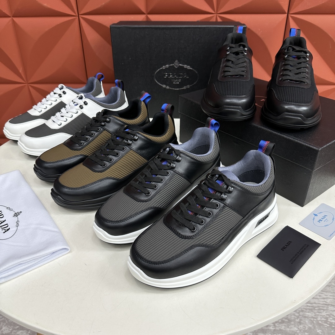 💋💍P家新品   PRAD*/普拉-达  新款男士厚底皮革运动休闲鞋     这款皮革运动鞋采用多材质撞