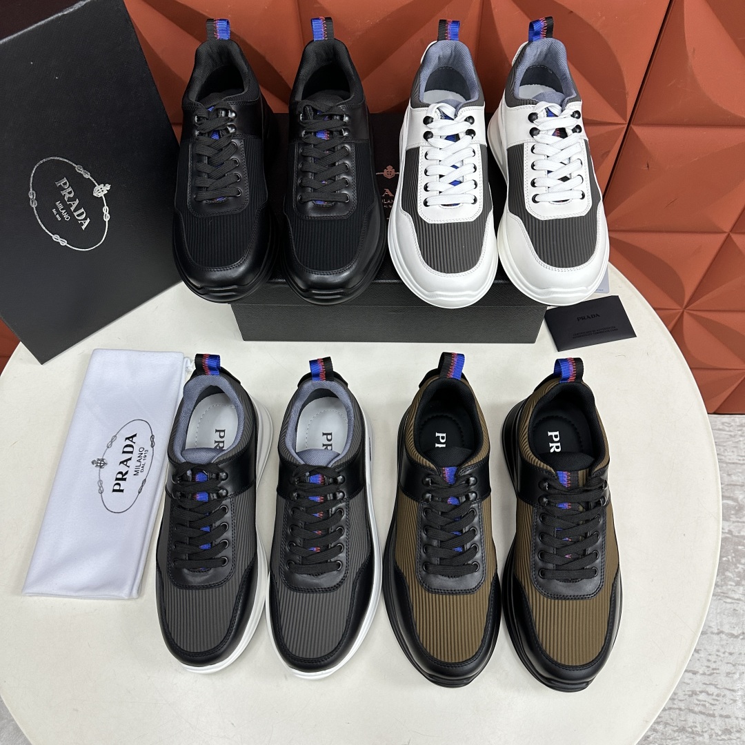 💋💍P家新品   PRAD*/普拉-达  新款男士厚底皮革运动休闲鞋     这款皮革运动鞋采用多材质撞