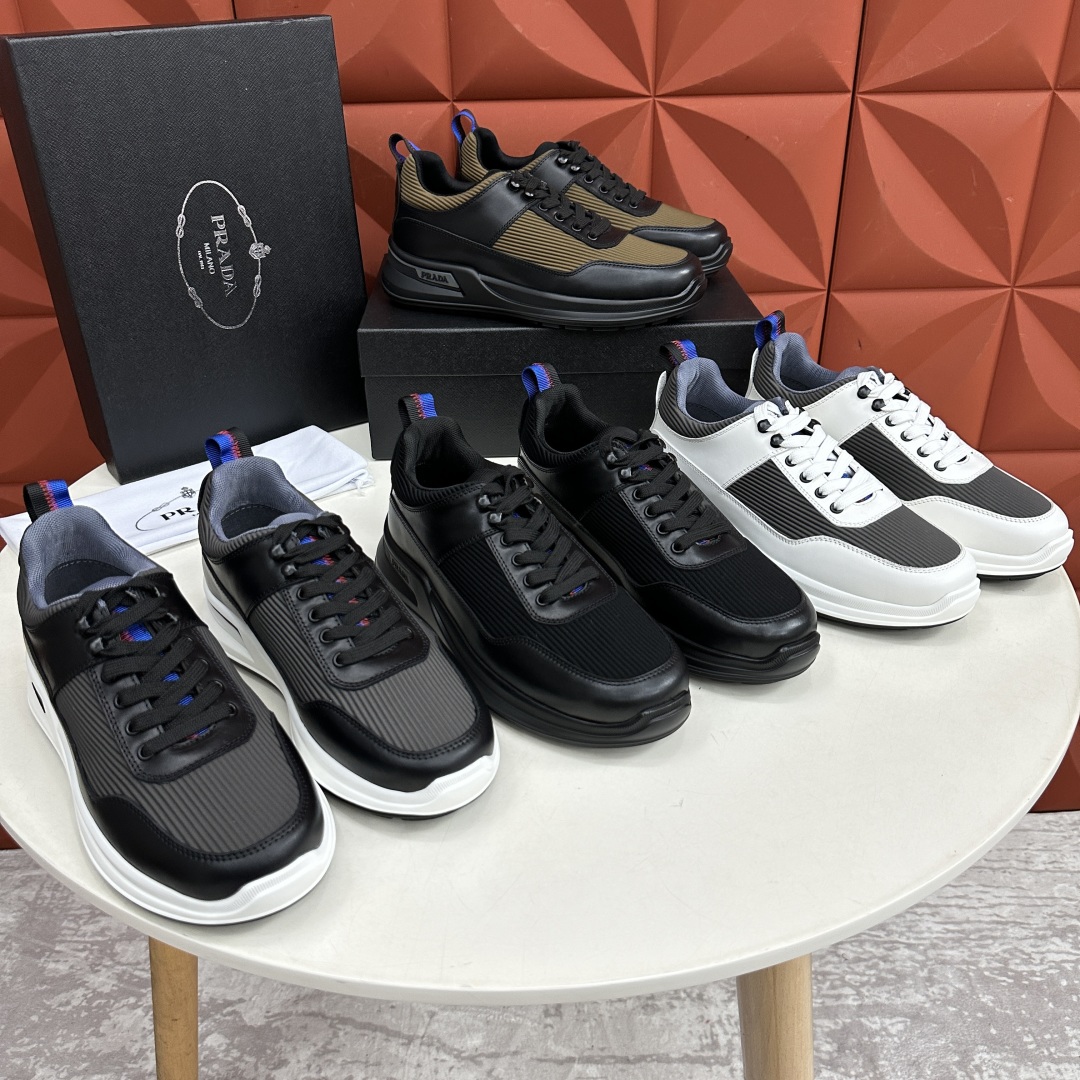 💋💍P家新品   PRAD*/普拉-达  新款男士厚底皮革运动休闲鞋     这款皮革运动鞋采用多材质撞