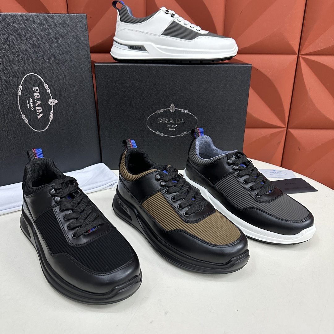 💋💍P家新品   PRAD*/普拉-达  新款男士厚底皮革运动休闲鞋     这款皮革运动鞋采用多材质撞