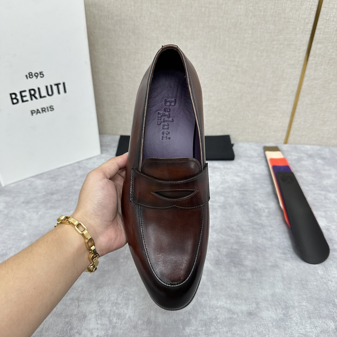 💋💍Berlut* 布鲁提  新款男士手工擦色乐福鞋皮鞋出货 ，渠道精品，一脚蹬简便款司机鞋 甄选优质进