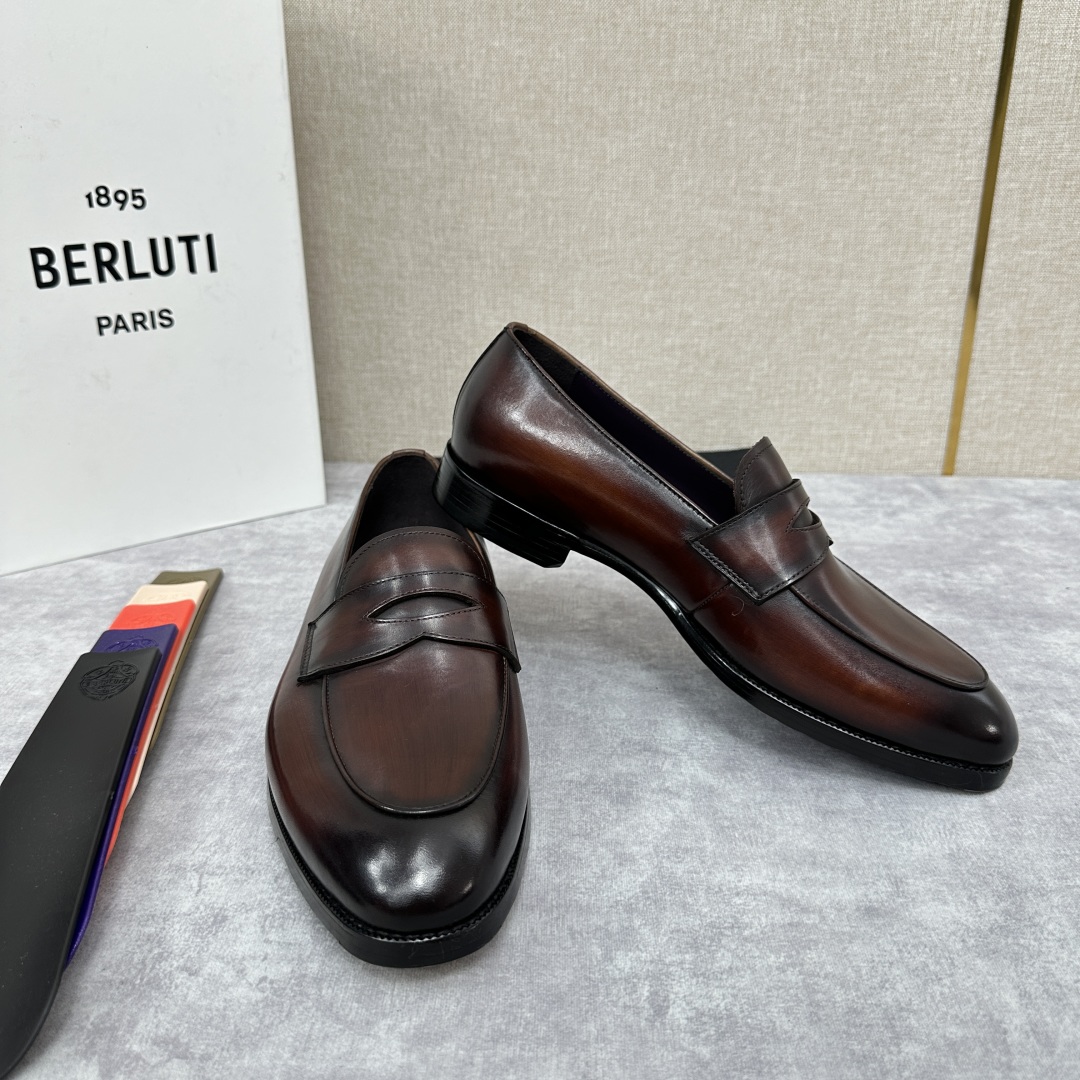 💋💍Berlut* 布鲁提  新款男士手工擦色乐福鞋皮鞋出货 ，渠道精品，一脚蹬简便款司机鞋 甄选优质进
