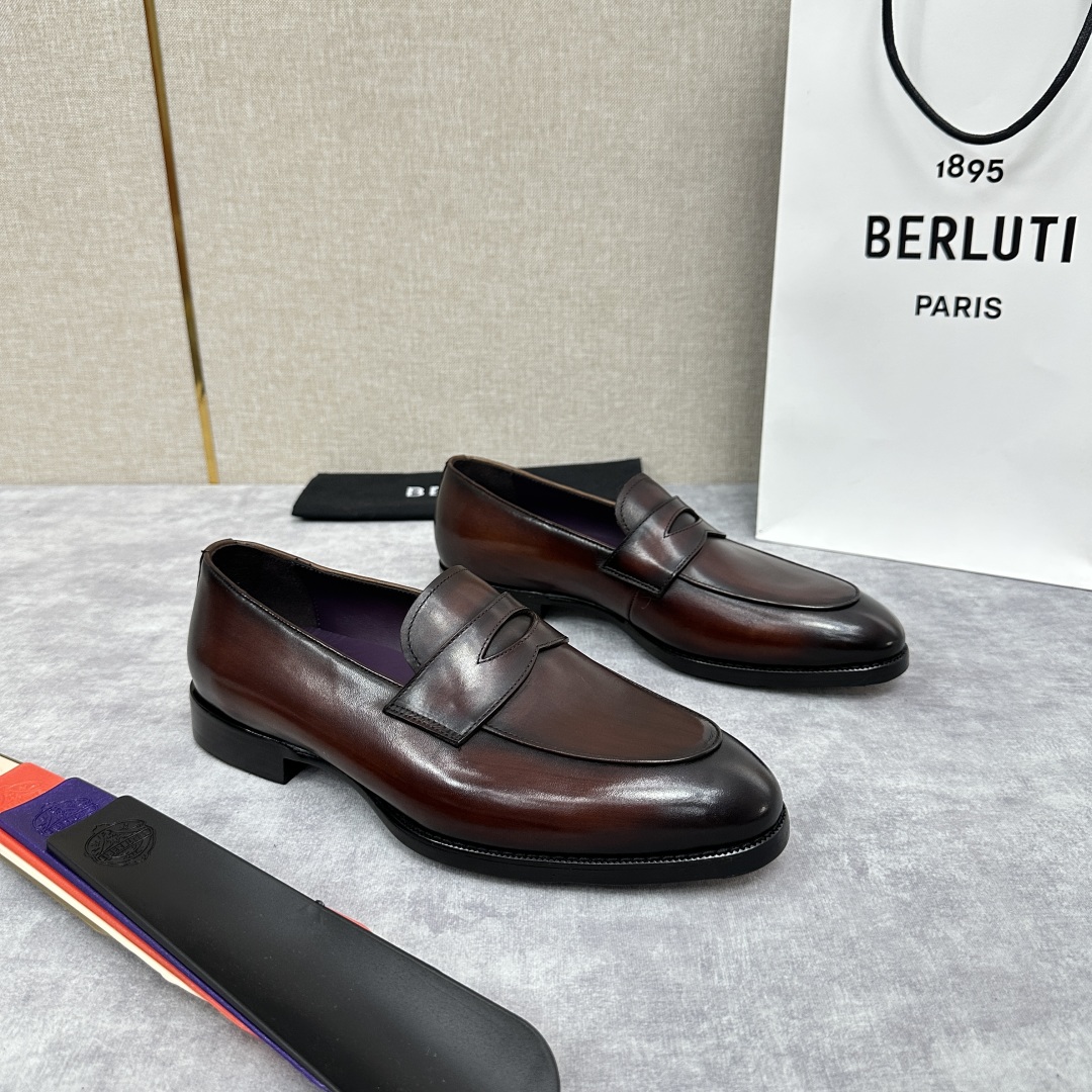 💋💍Berlut* 布鲁提  新款男士手工擦色乐福鞋皮鞋出货 ，渠道精品，一脚蹬简便款司机鞋 甄选优质进