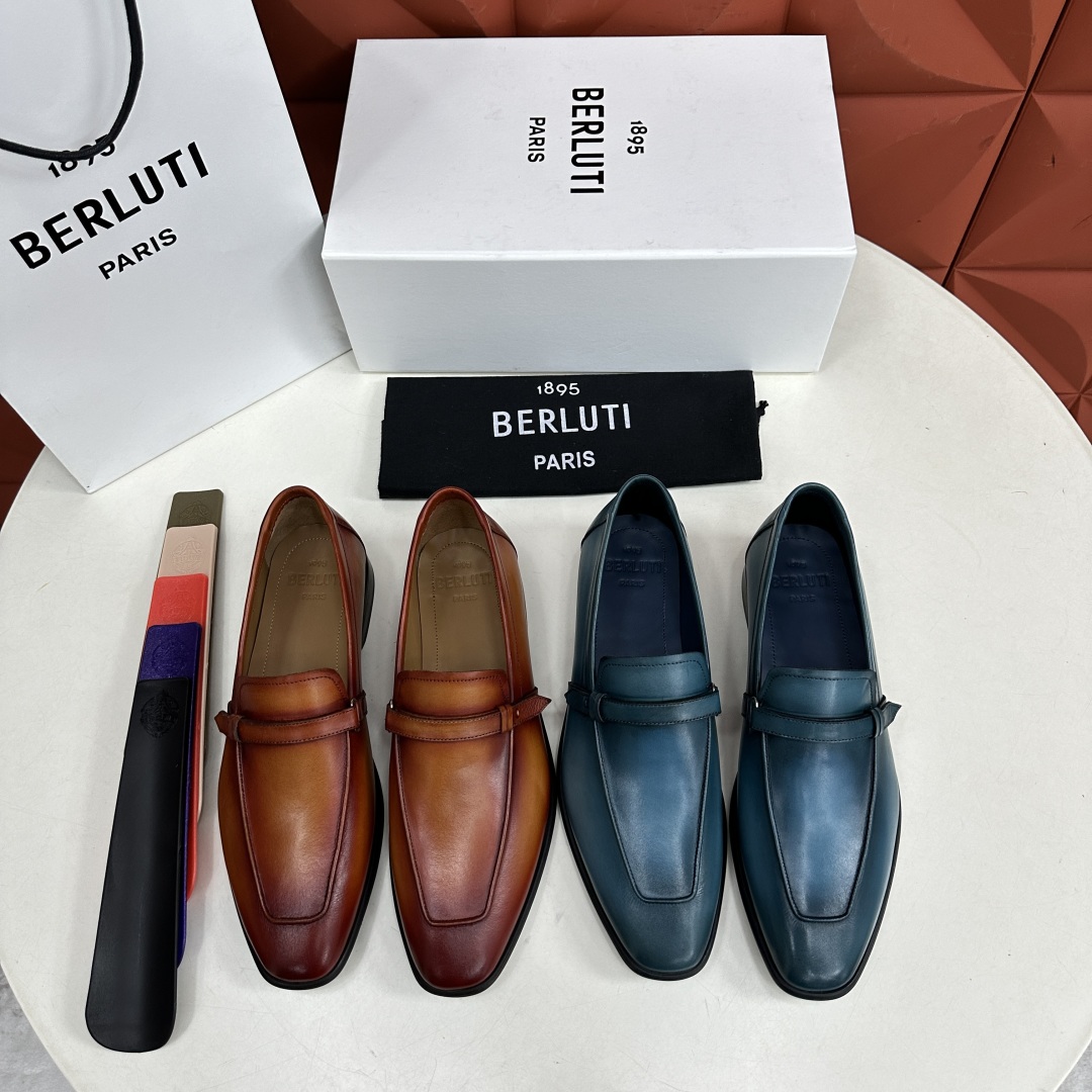 💋💍新品布鲁-提，berlut*初代Lorenzo小牛皮横带乐福鞋，经典布雷克结构法，柔软光面小牛皮胚古