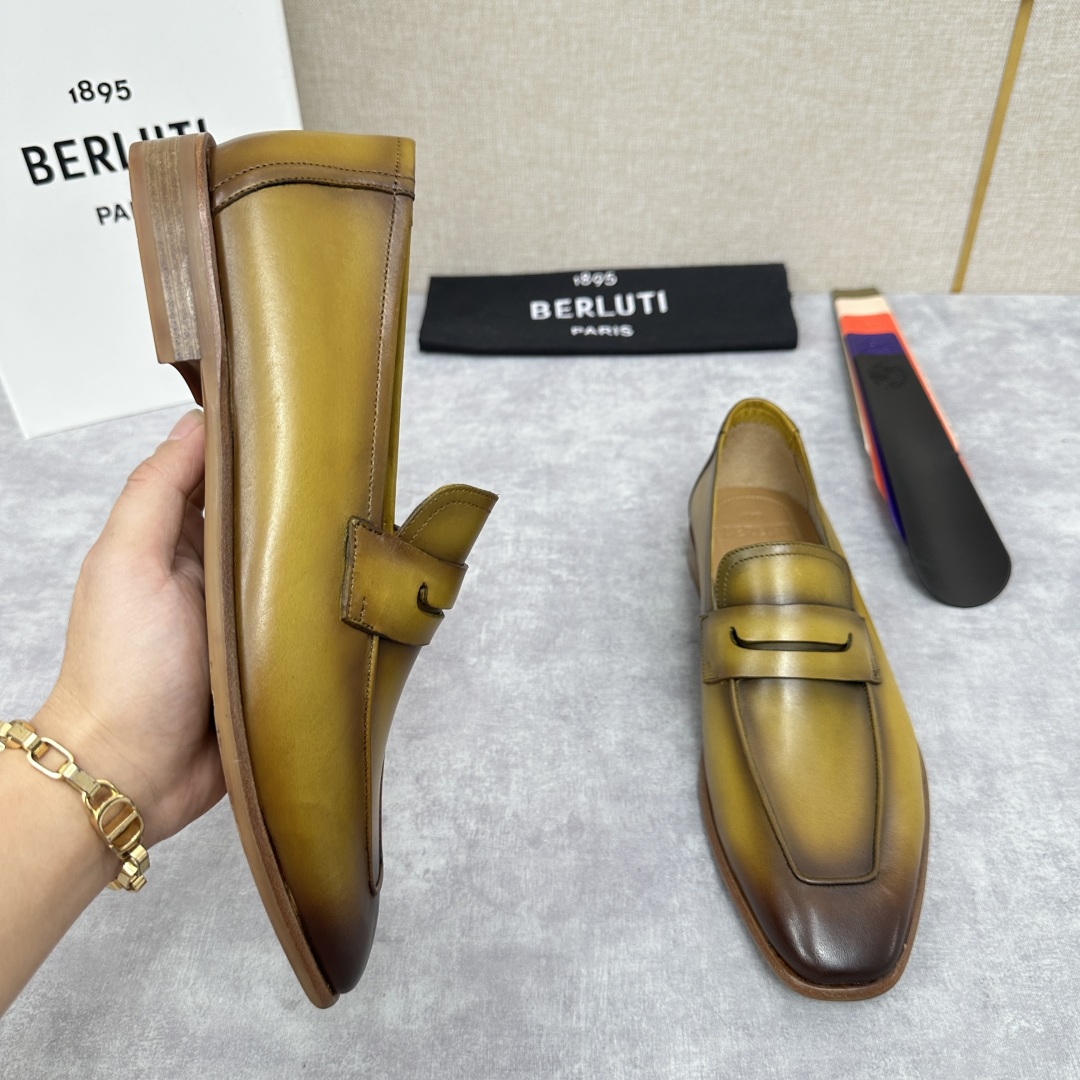 💋💍新品布鲁-提，berlut*初代Lorenzo单层小牛皮乐福鞋，经典布雷克结构法，柔软光面小牛皮胚古