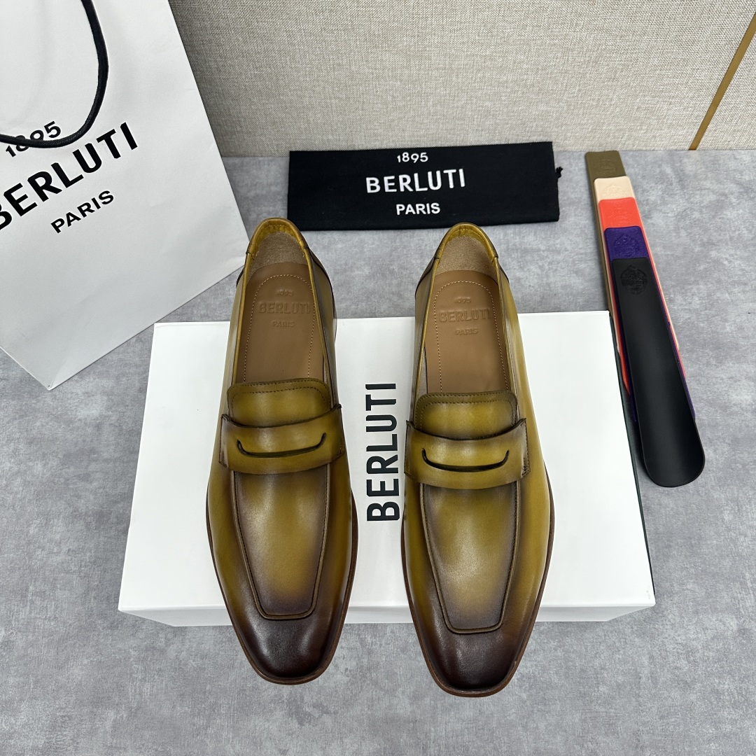 💋💍新品布鲁-提，berlut*初代Lorenzo单层小牛皮乐福鞋，经典布雷克结构法，柔软光面小牛皮胚古