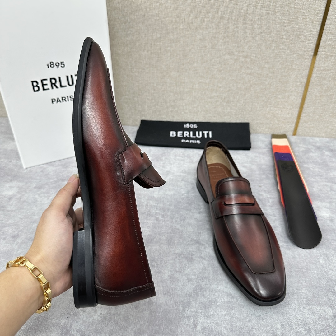 💋💍新品布鲁-提，berlut*初代Lorenzo单层小牛皮乐福鞋，经典布雷克结构法，柔软光面小牛皮胚古