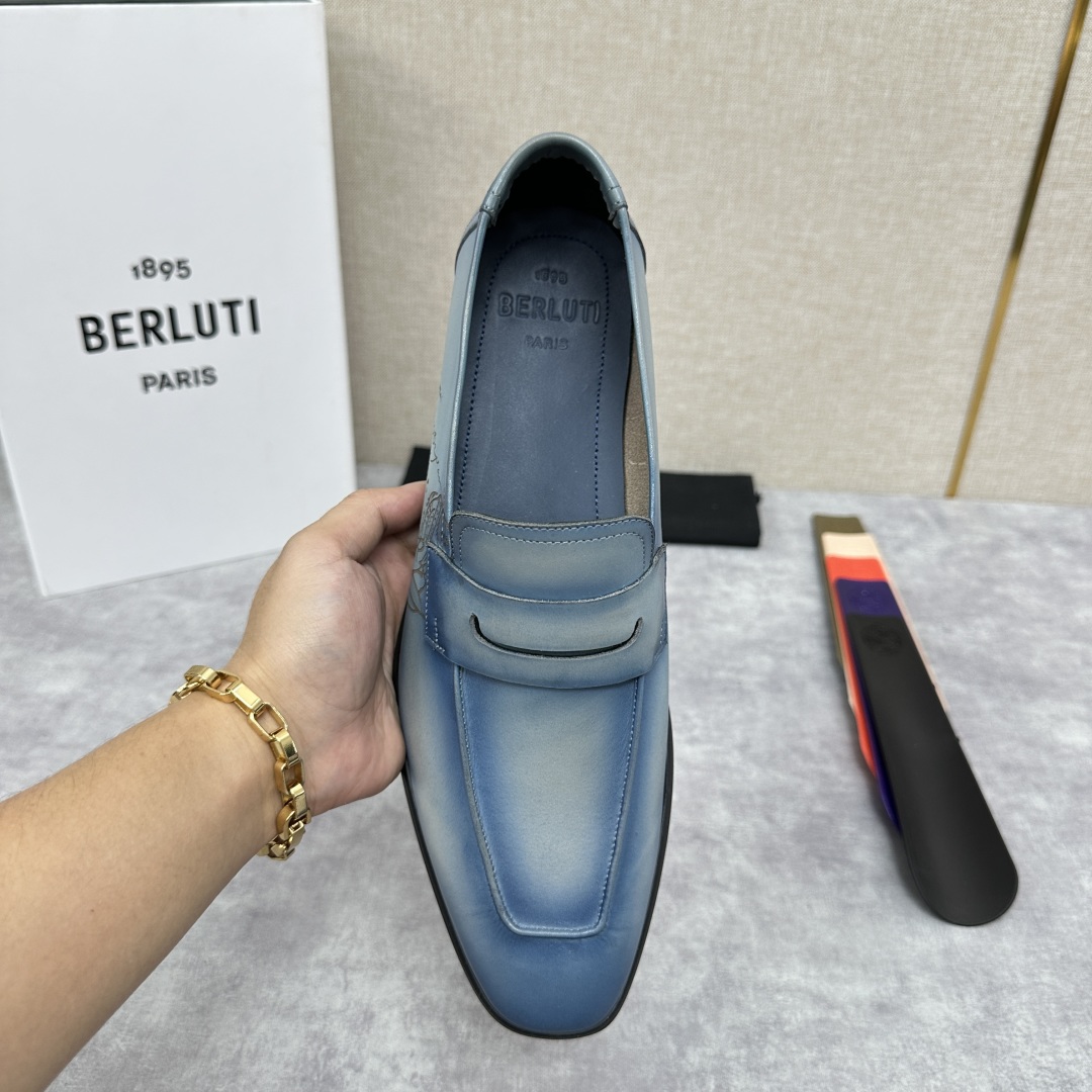 💋💍新品布鲁-提，berlut*初代Lorenzo单层小牛皮乐福鞋，经典布雷克结构法，柔软光面小牛皮胚古