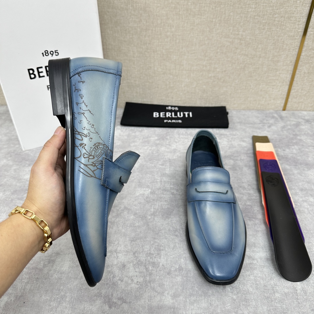 💋💍新品布鲁-提，berlut*初代Lorenzo单层小牛皮乐福鞋，经典布雷克结构法，柔软光面小牛皮胚古