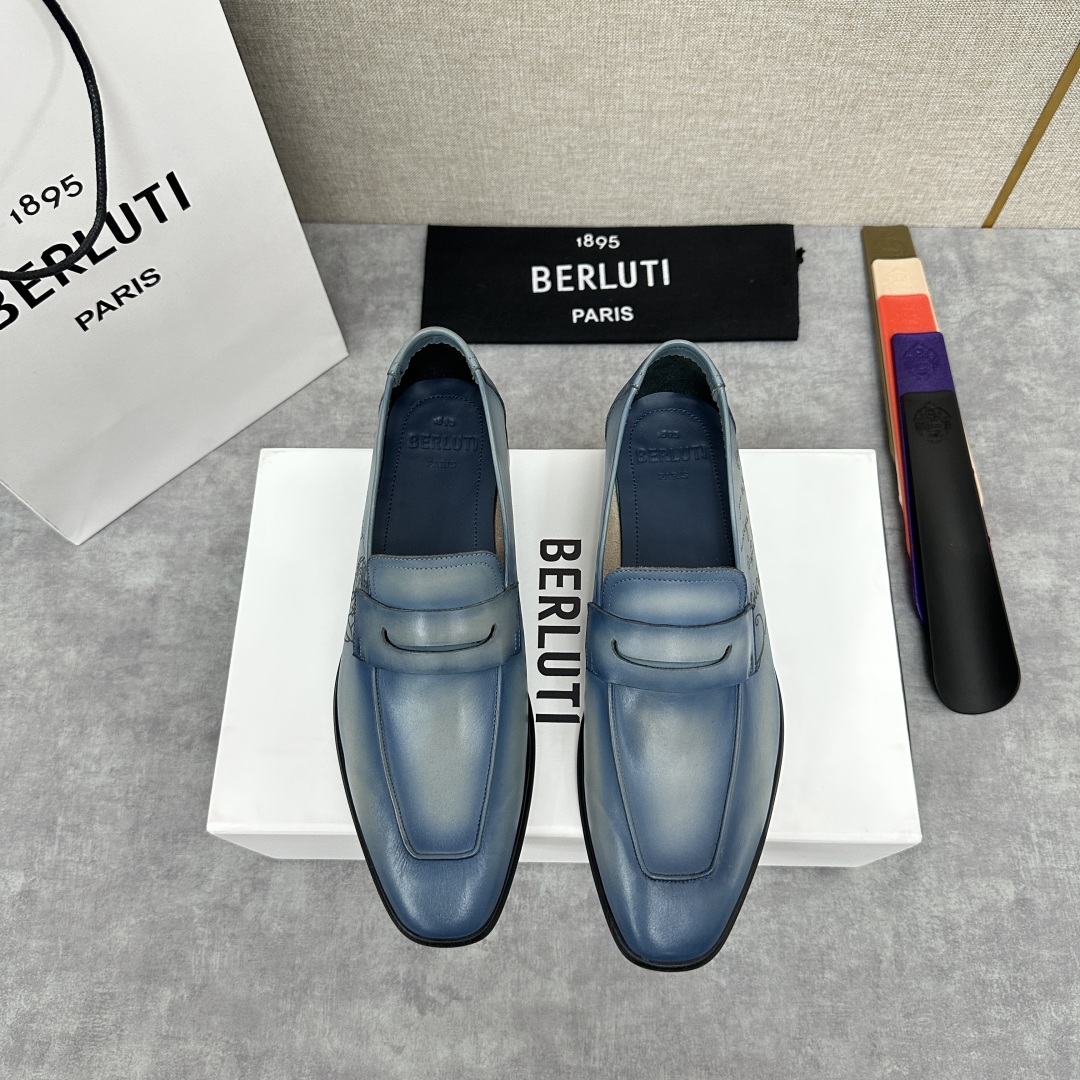 💋💍新品布鲁-提，berlut*初代Lorenzo单层小牛皮乐福鞋，经典布雷克结构法，柔软光面小牛皮胚古