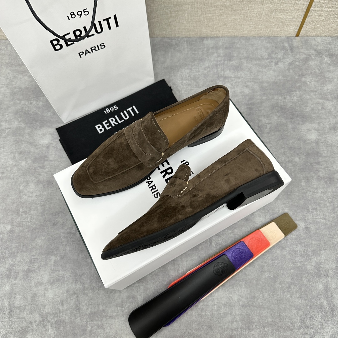 💋💍新品布鲁-提，berlut*初代Lorenzo反毛牛皮乐福鞋，经典布雷克结构法，柔软光面小牛皮胚古法