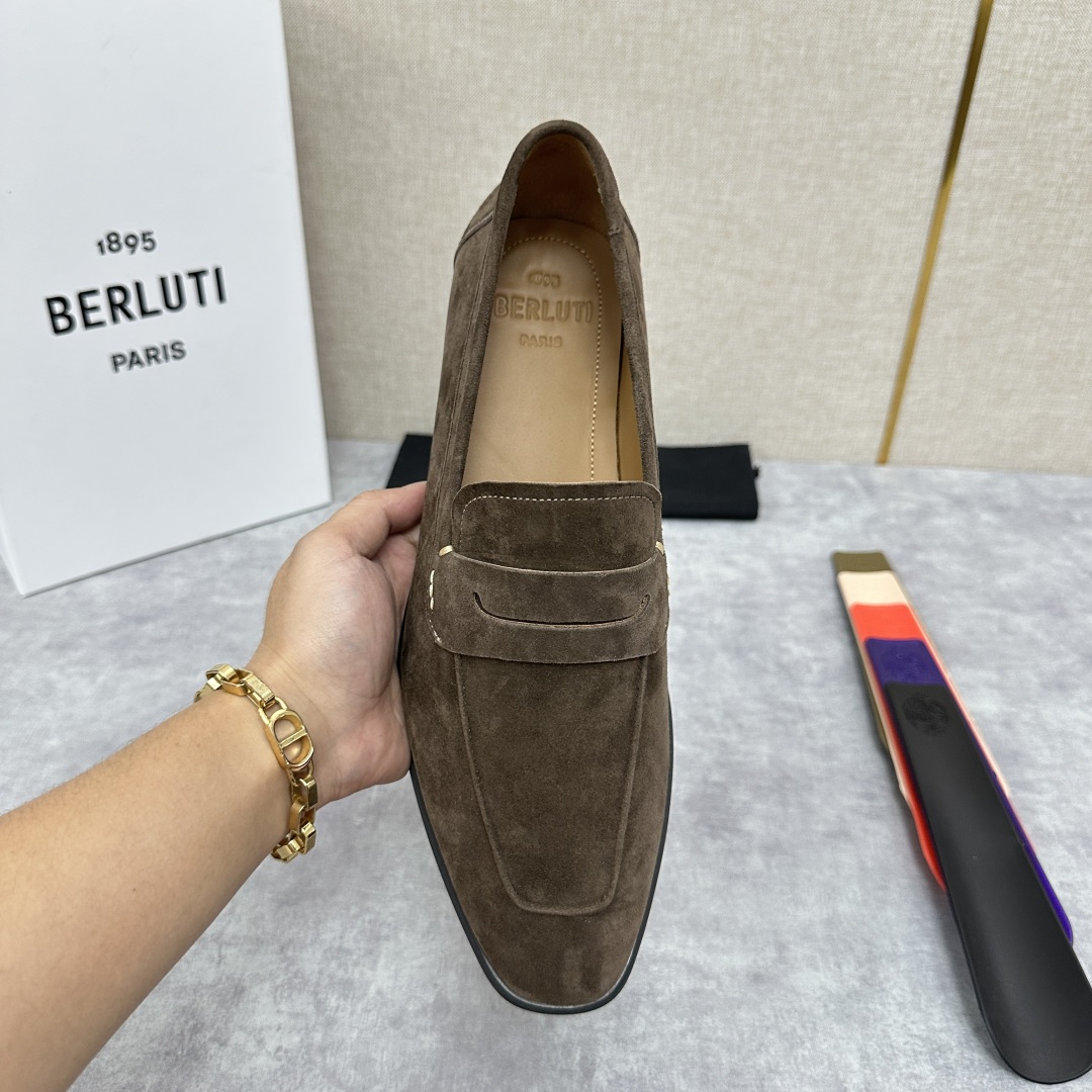💋💍新品布鲁-提，berlut*初代Lorenzo反毛牛皮乐福鞋，经典布雷克结构法，柔软光面小牛皮胚古法
