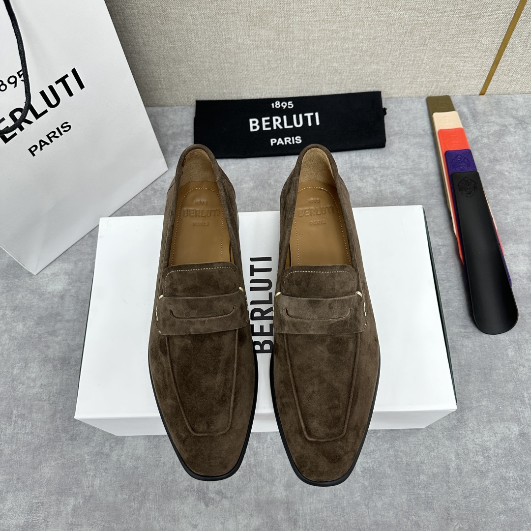 💋💍新品布鲁-提，berlut*初代Lorenzo反毛牛皮乐福鞋，经典布雷克结构法，柔软光面小牛皮胚古法