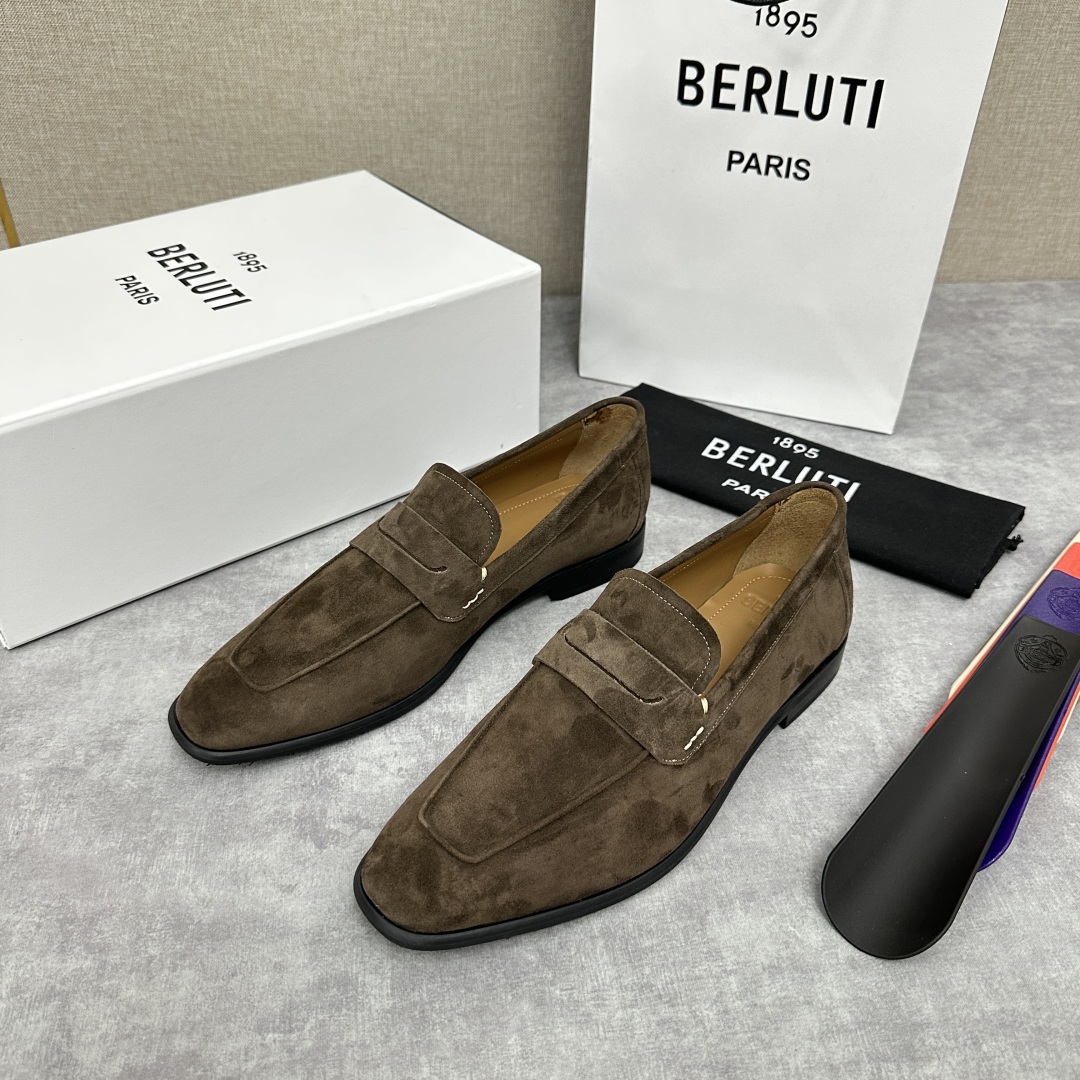 💋💍新品布鲁-提，berlut*初代Lorenzo反毛牛皮乐福鞋，经典布雷克结构法，柔软光面小牛皮胚古法