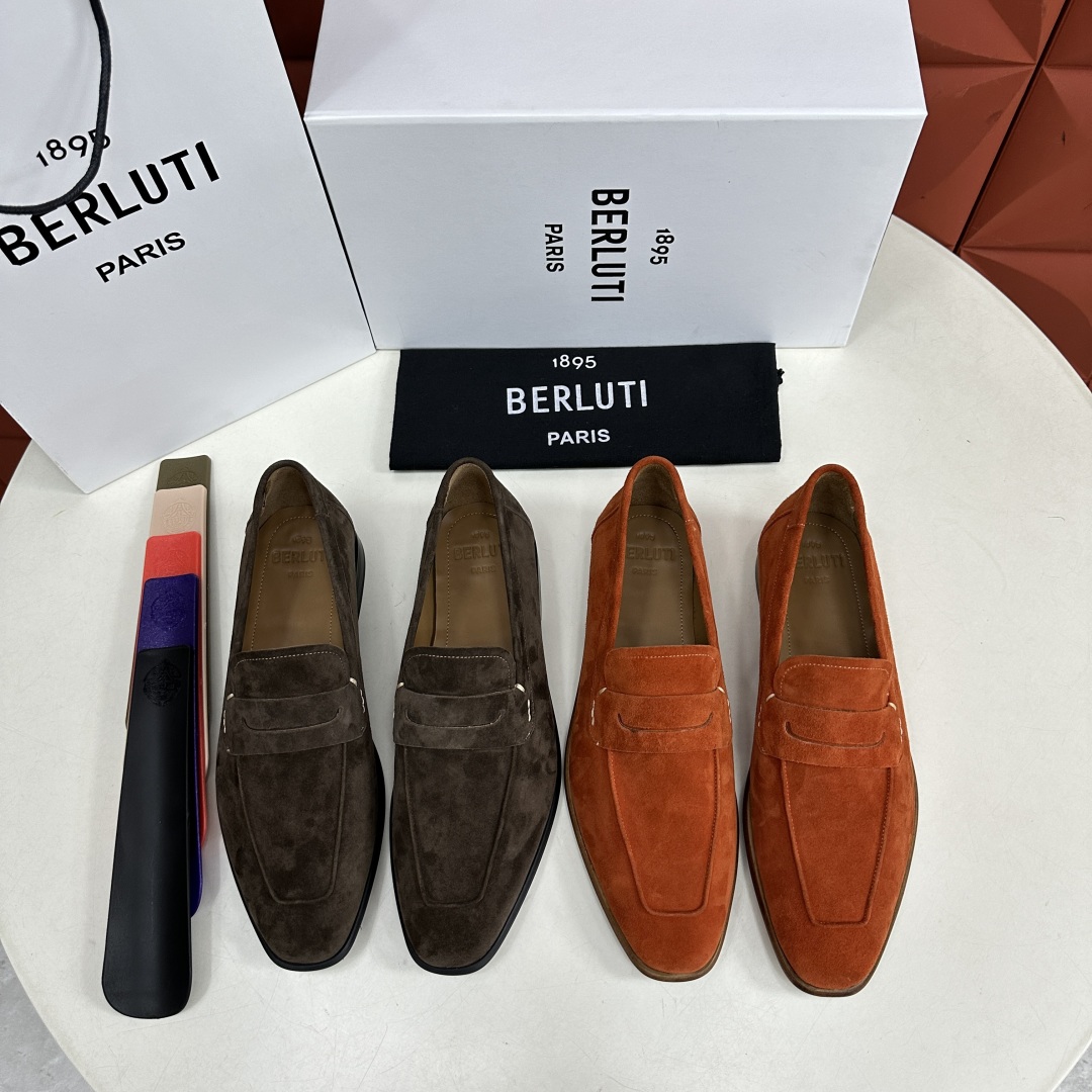 💋💍新品布鲁-提，berlut*初代Lorenzo反毛牛皮乐福鞋，经典布雷克结构法，柔软光面小牛皮胚古法