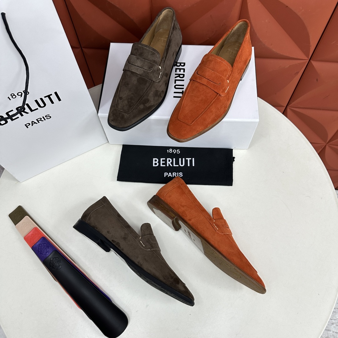 💋💍新品布鲁-提，berlut*初代Lorenzo反毛牛皮乐福鞋，经典布雷克结构法，柔软光面小牛皮胚古法