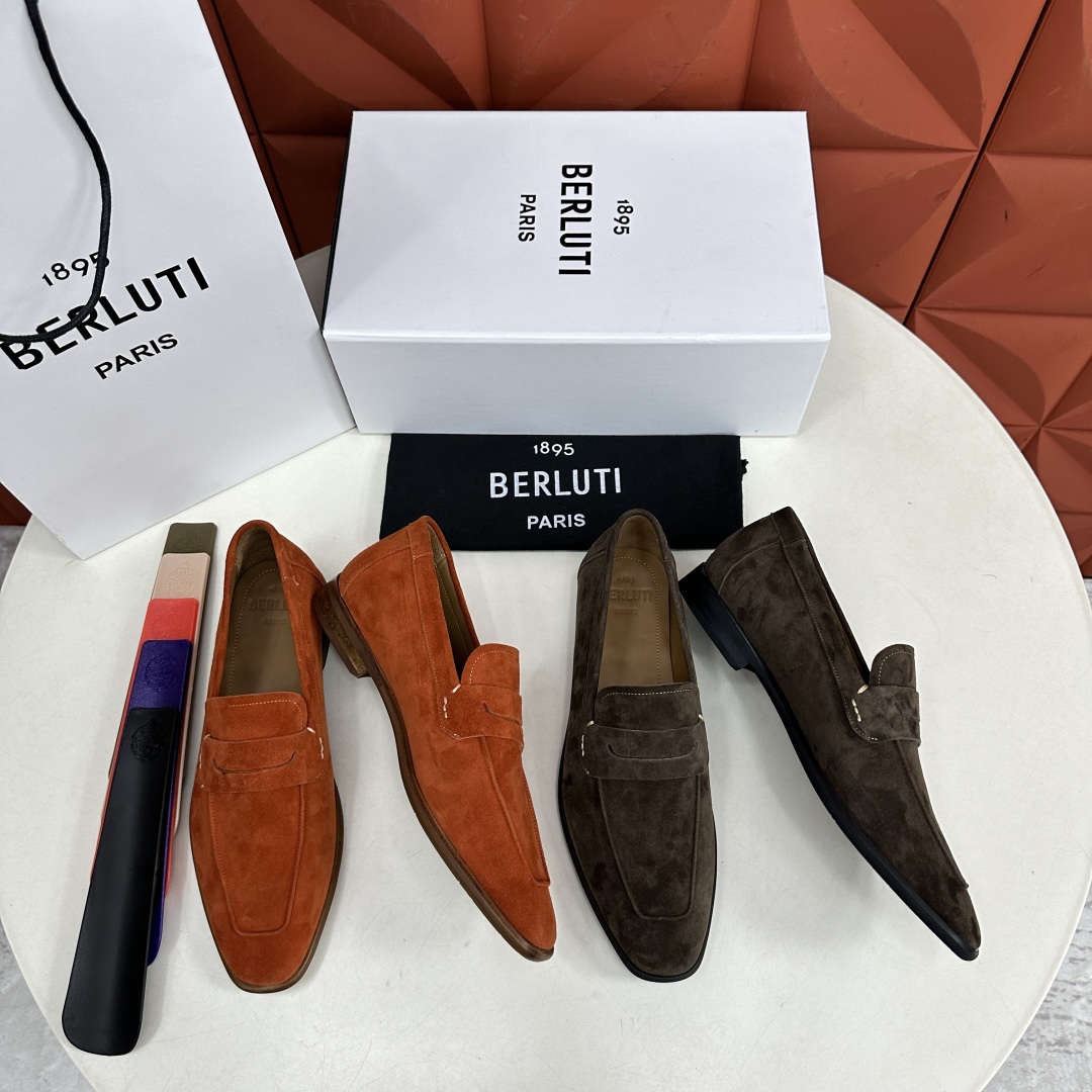 💋💍新品布鲁-提，berlut*初代Lorenzo反毛牛皮乐福鞋，经典布雷克结构法，柔软光面小牛皮胚古法