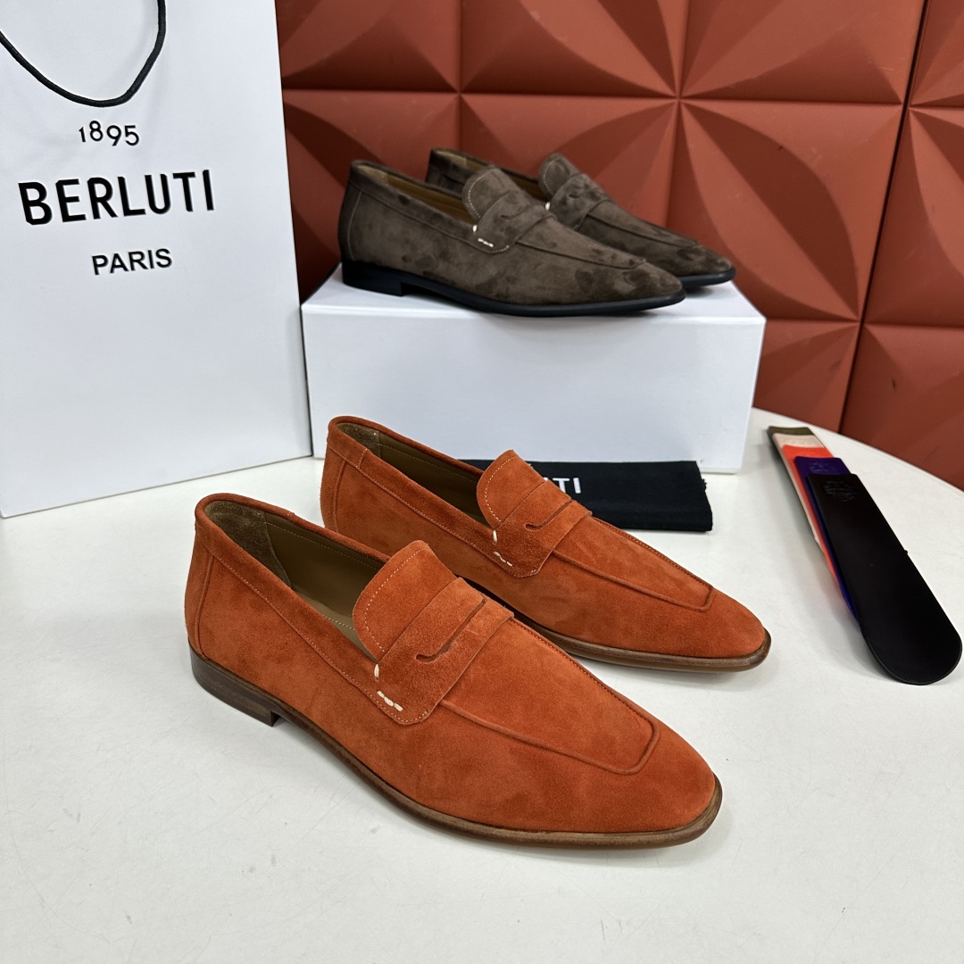 💋💍新品布鲁-提，berlut*初代Lorenzo反毛牛皮乐福鞋，经典布雷克结构法，柔软光面小牛皮胚古法