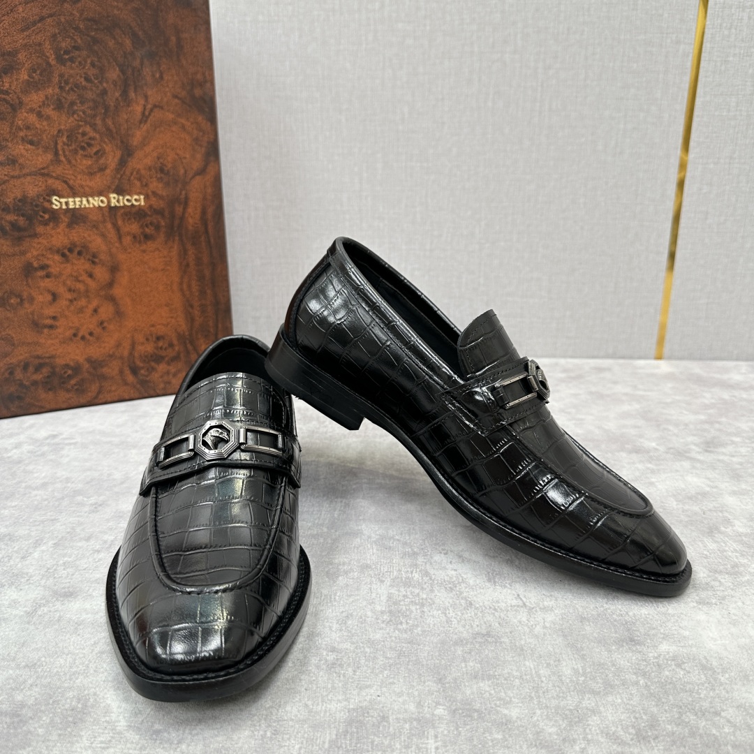 💋💍Stefano-ricci史蒂*芬新品乐福鞋皮鞋  鳄鱼纹🐊压纹牛皮手工改色擦色而成  内里黑色水染