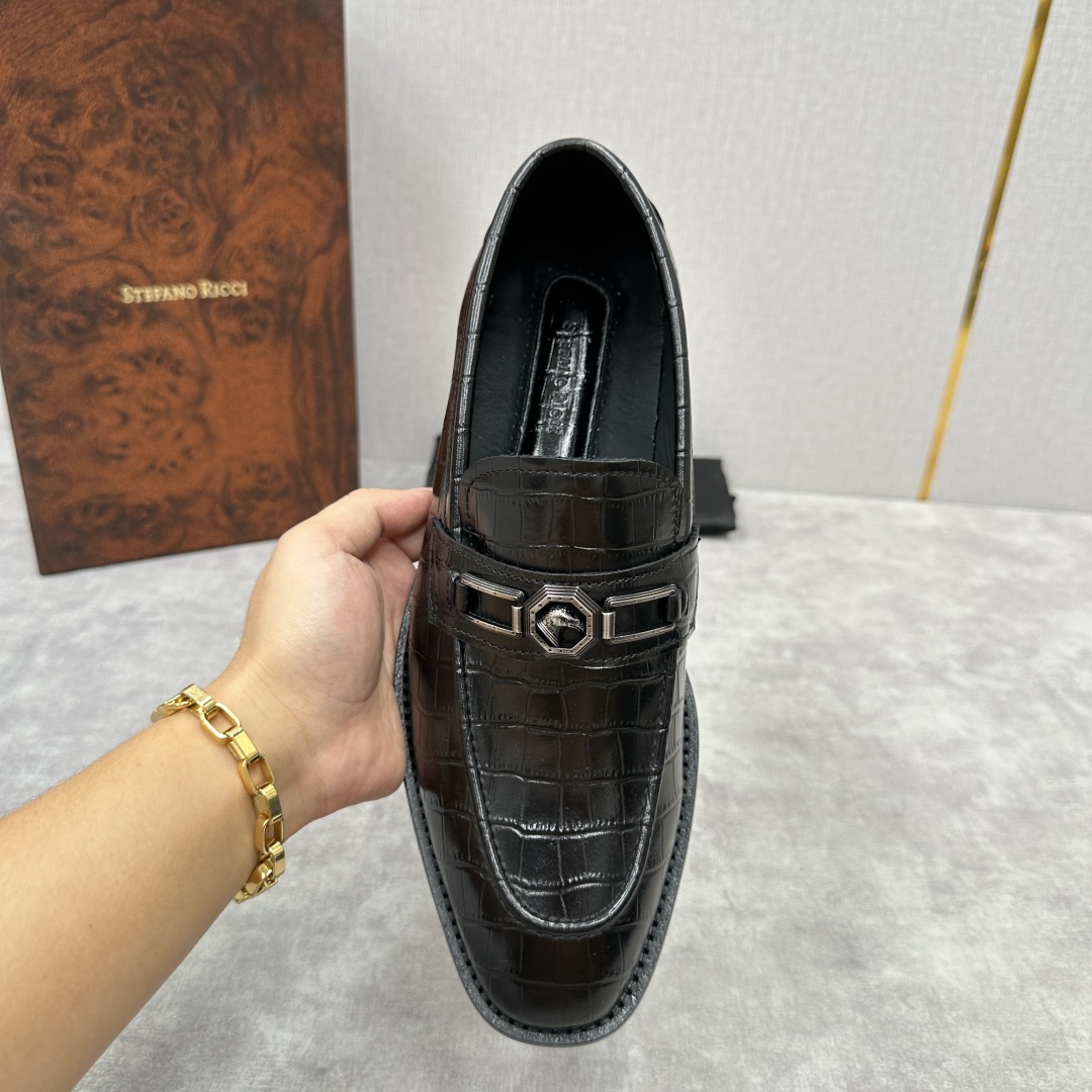 💋💍Stefano-ricci史蒂*芬新品乐福鞋皮鞋  鳄鱼纹🐊压纹牛皮手工改色擦色而成  内里黑色水染