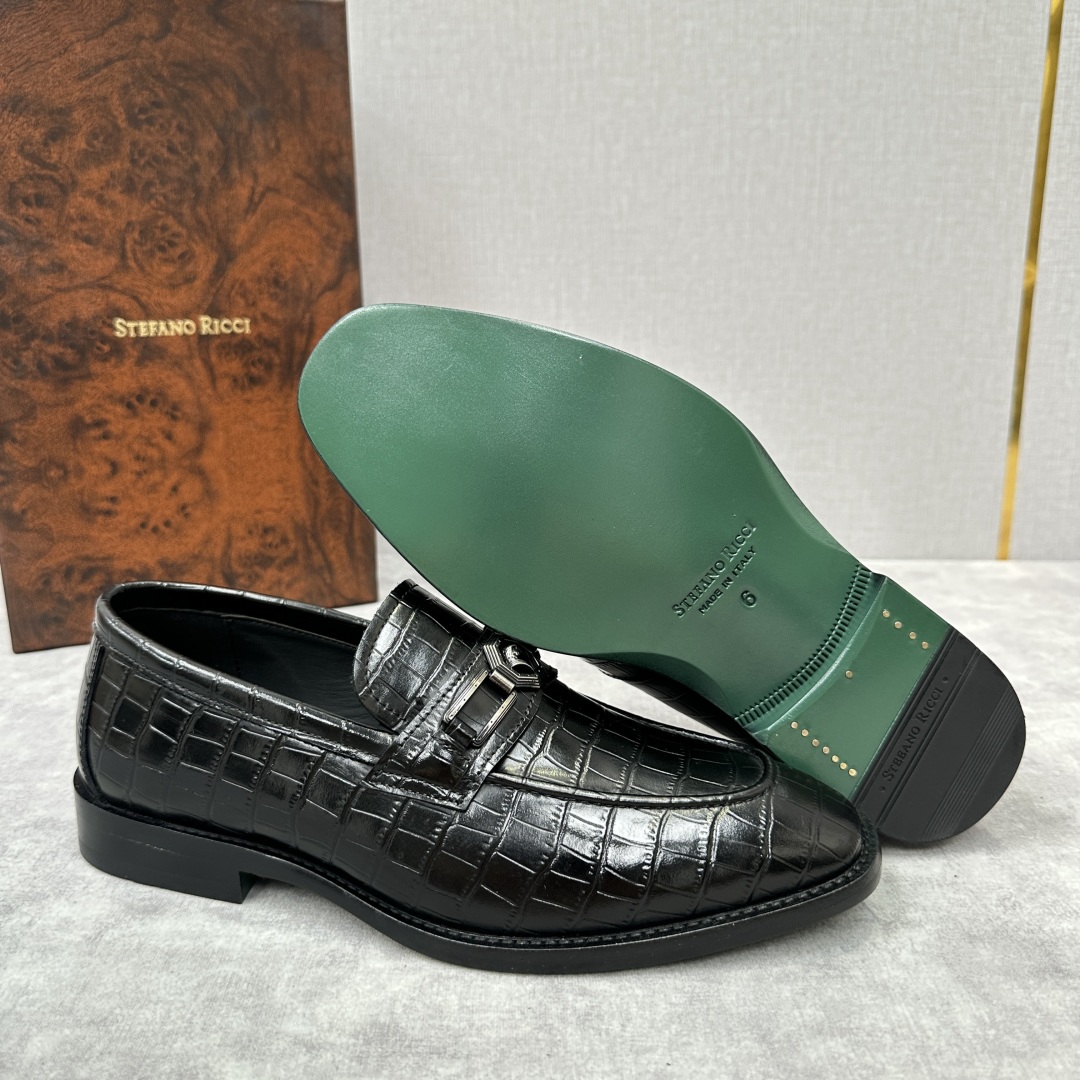 💋💍Stefano-ricci史蒂*芬新品乐福鞋皮鞋  鳄鱼纹🐊压纹牛皮手工改色擦色而成  内里黑色水染