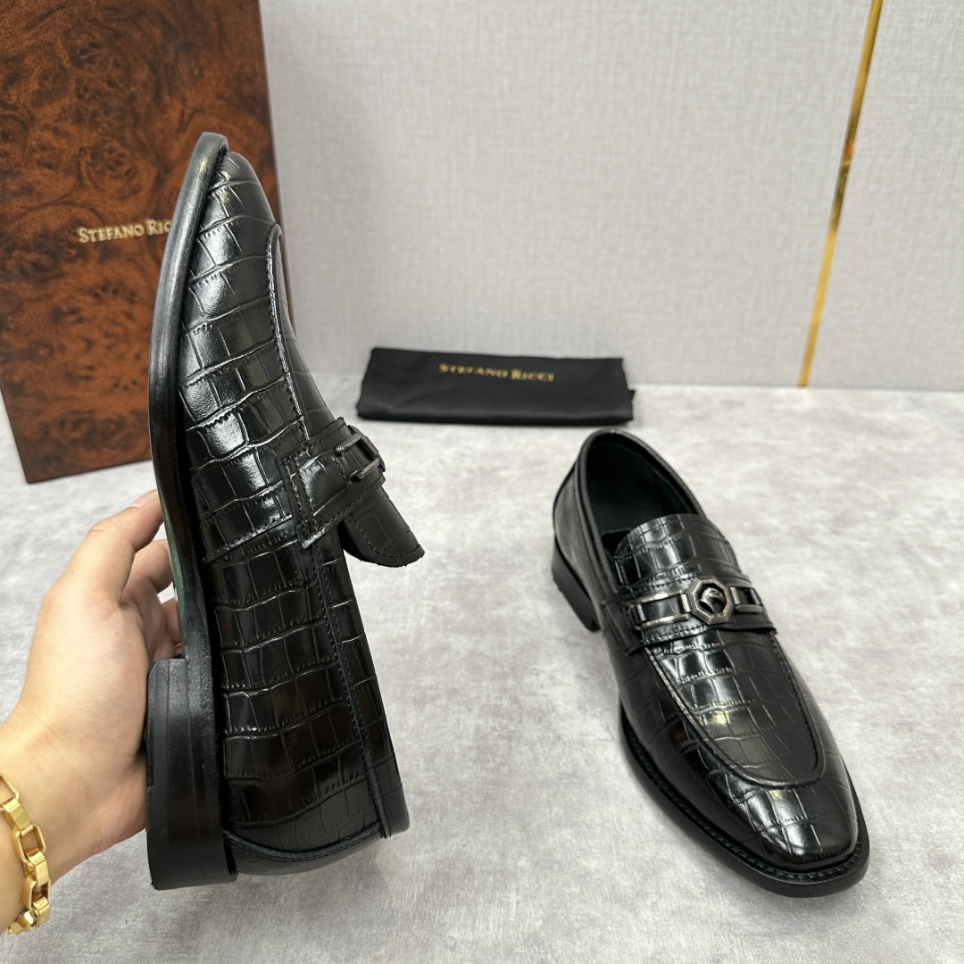 💋💍Stefano-ricci史蒂*芬新品乐福鞋皮鞋  鳄鱼纹🐊压纹牛皮手工改色擦色而成  内里黑色水染