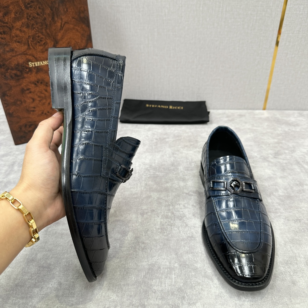 💋💍Stefano-ricci史蒂*芬新品乐福鞋皮鞋  鳄鱼纹🐊压纹牛皮手工改色擦色而成  内里黑色水染