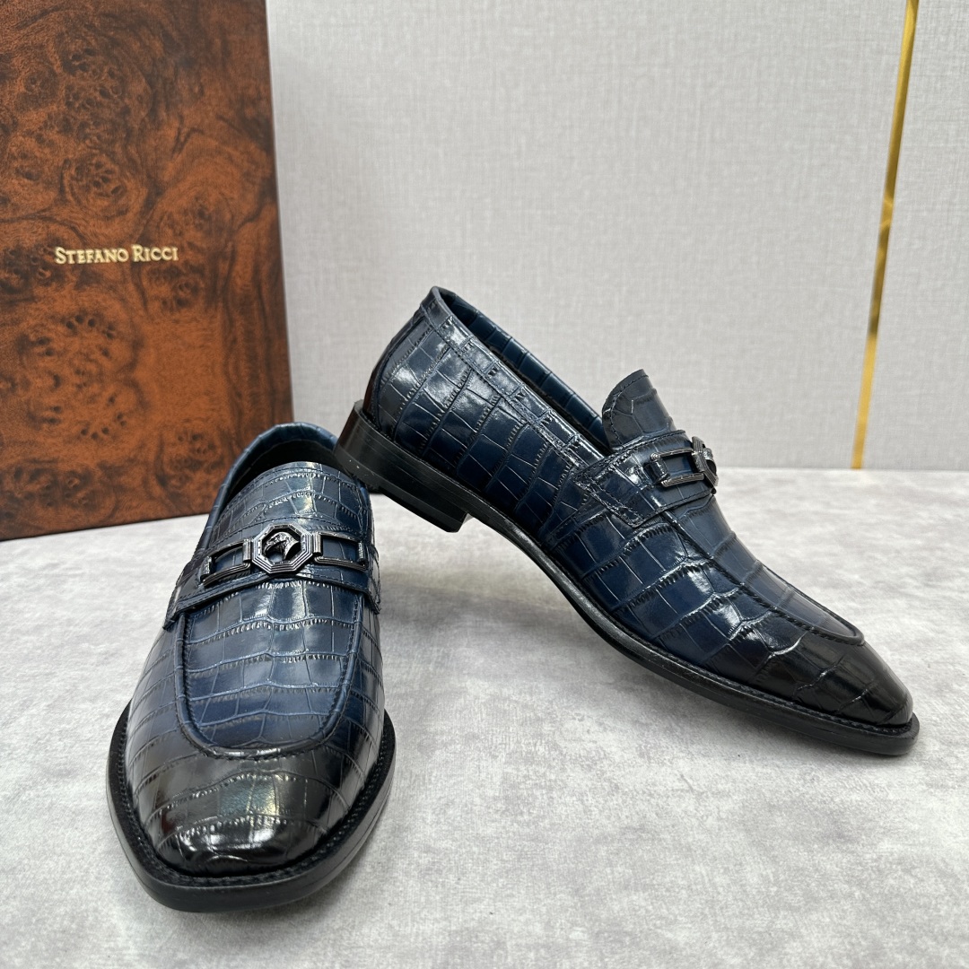 💋💍Stefano-ricci史蒂*芬新品乐福鞋皮鞋  鳄鱼纹🐊压纹牛皮手工改色擦色而成  内里黑色水染