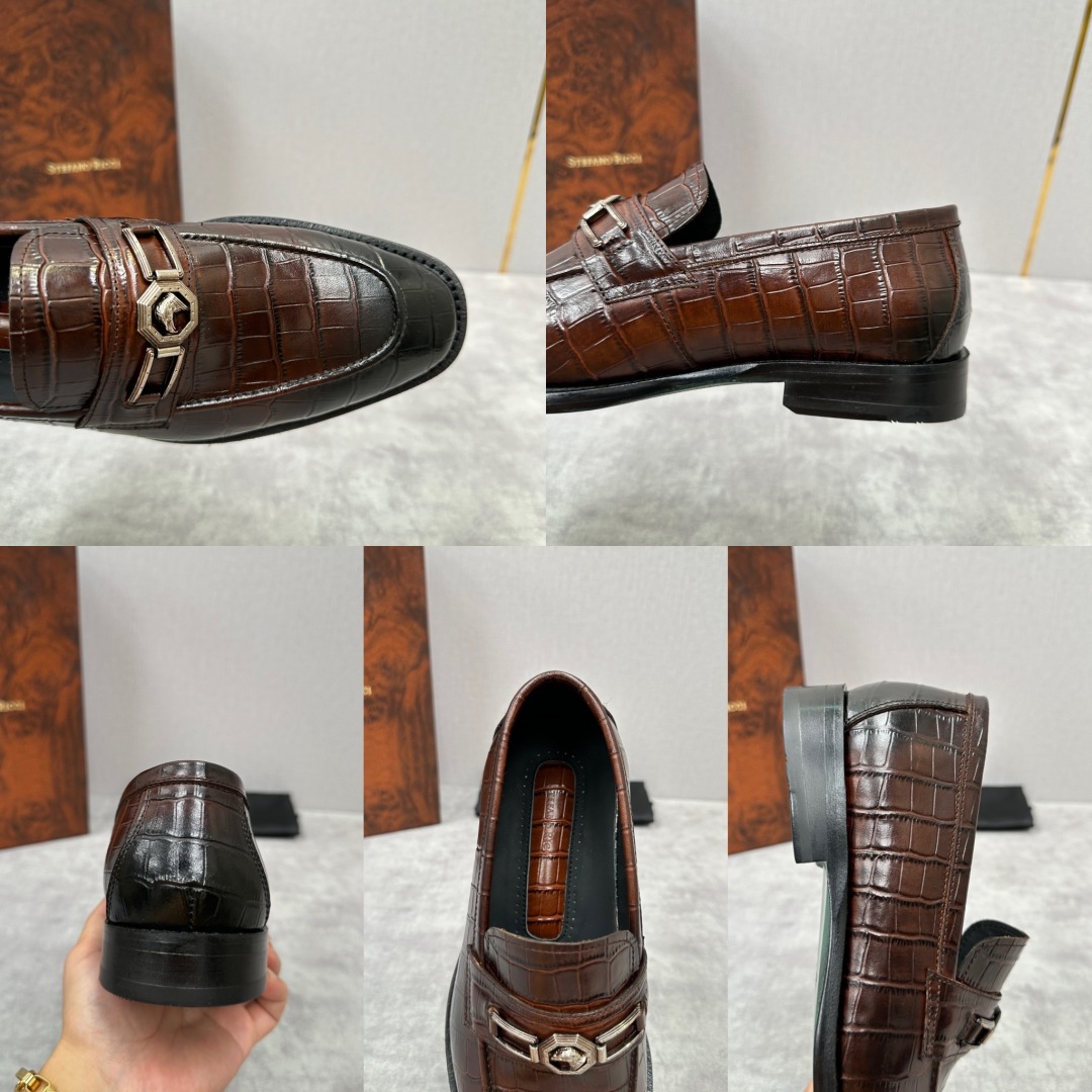 💋💍Stefano-ricci史蒂*芬新品乐福鞋皮鞋  鳄鱼纹🐊压纹牛皮手工改色擦色而成  内里黑色水染