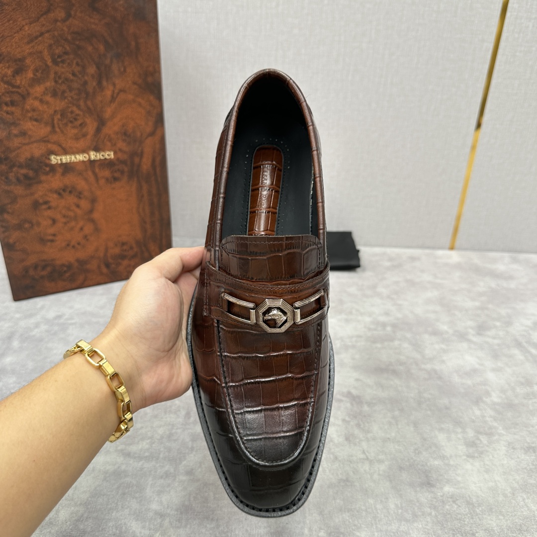 💋💍Stefano-ricci史蒂*芬新品乐福鞋皮鞋  鳄鱼纹🐊压纹牛皮手工改色擦色而成  内里黑色水染