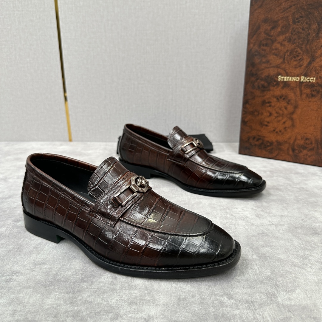 💋💍Stefano-ricci史蒂*芬新品乐福鞋皮鞋  鳄鱼纹🐊压纹牛皮手工改色擦色而成  内里黑色水染