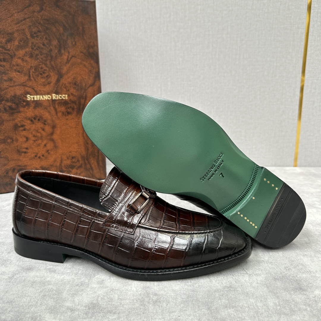 💋💍Stefano-ricci史蒂*芬新品乐福鞋皮鞋  鳄鱼纹🐊压纹牛皮手工改色擦色而成  内里黑色水染