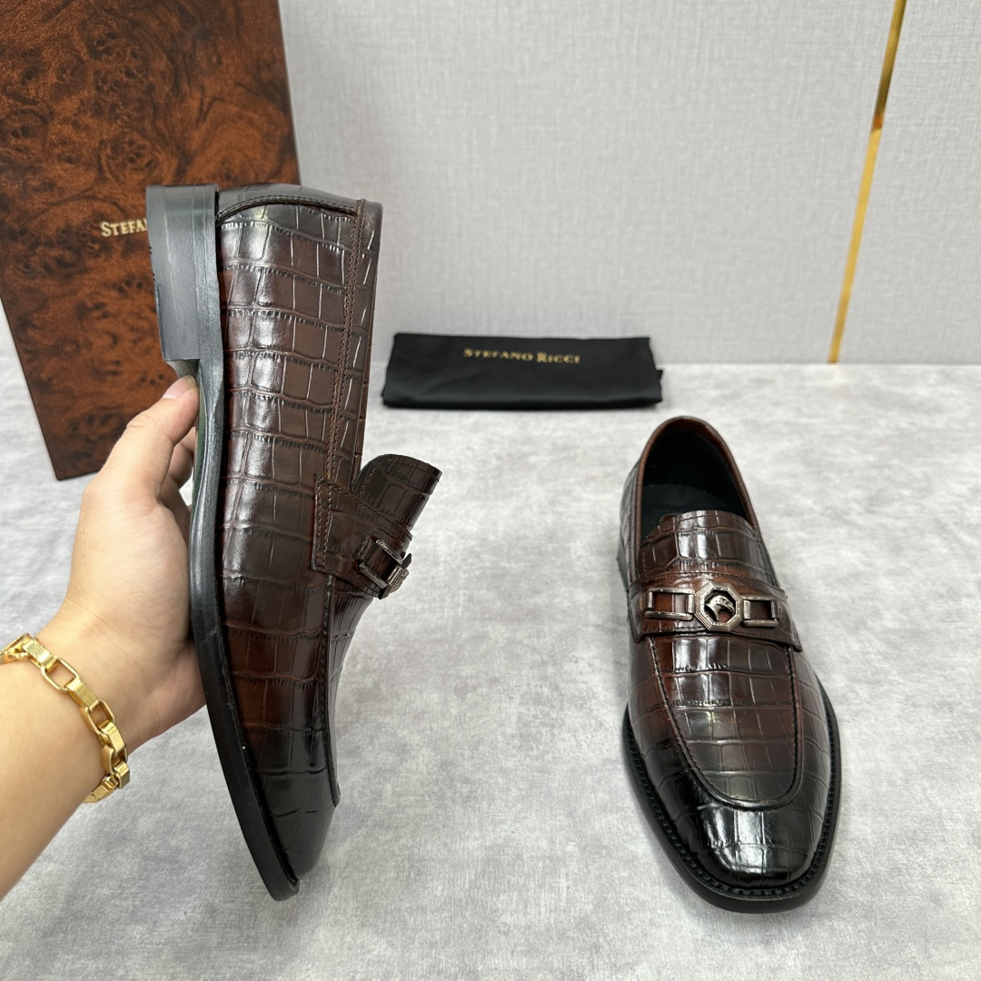 💋💍Stefano-ricci史蒂*芬新品乐福鞋皮鞋  鳄鱼纹🐊压纹牛皮手工改色擦色而成  内里黑色水染
