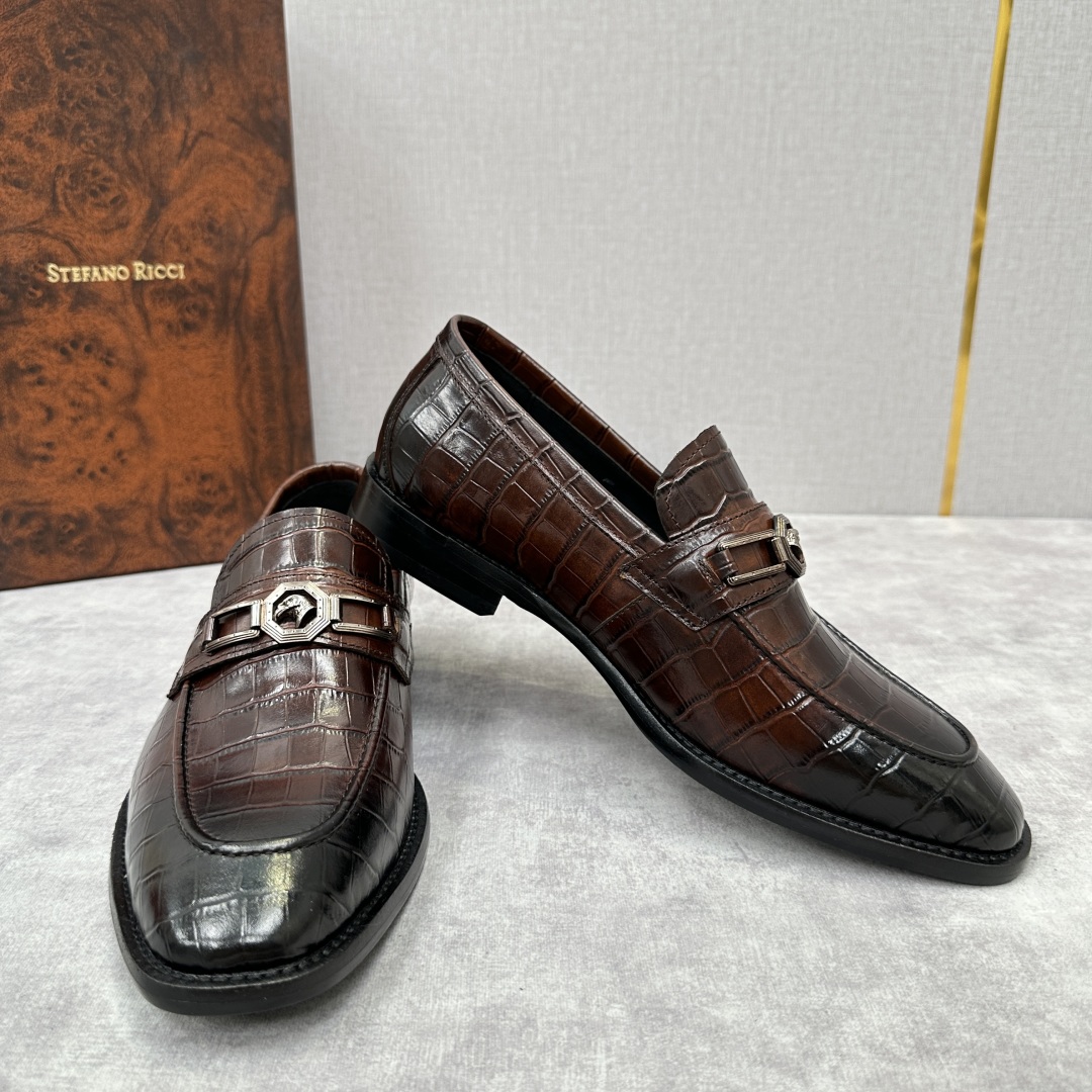💋💍Stefano-ricci史蒂*芬新品乐福鞋皮鞋  鳄鱼纹🐊压纹牛皮手工改色擦色而成  内里黑色水染