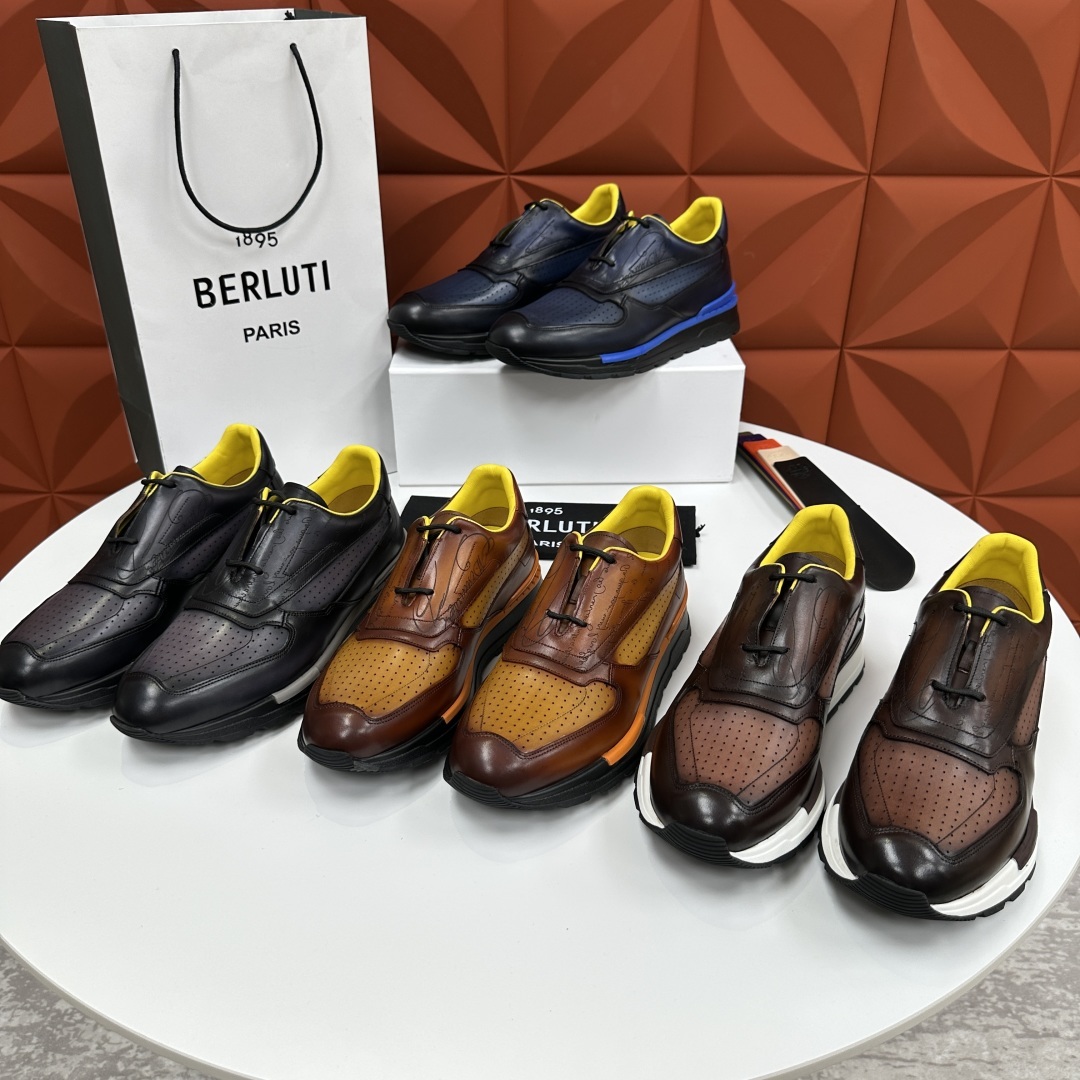 💋💍Berlut* 布鲁提定制款特别款冲孔雕花 升级版第四代私模大底 Fast Track走秀皮革运动鞋