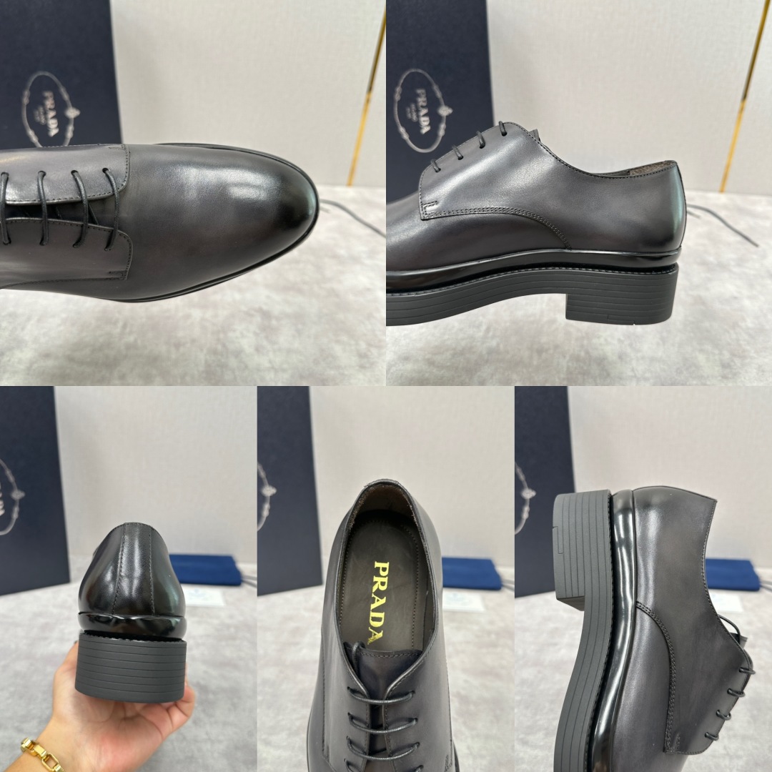 💋💍P家新品 普拉*达 PRAD* 官方热卖新款系带牛津鞋  此款厚底皮鞋采用闪亮的亮面开边珠擦色牛皮凸