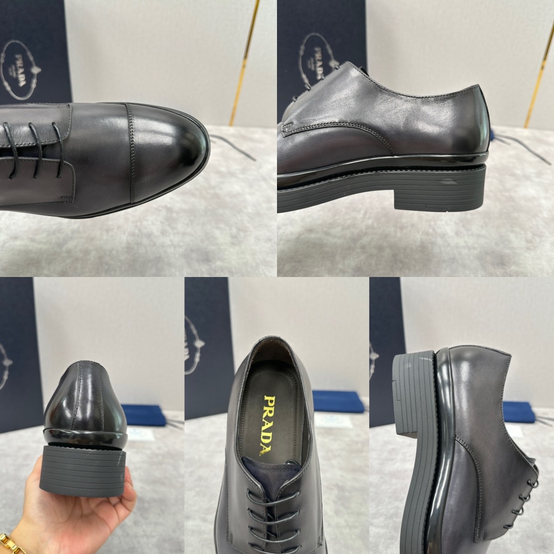 💋💍P家新品 普拉*达 PRAD* 官方热卖新款系带牛津鞋  此款厚底皮鞋采用闪亮的亮面开边珠擦色牛皮凸