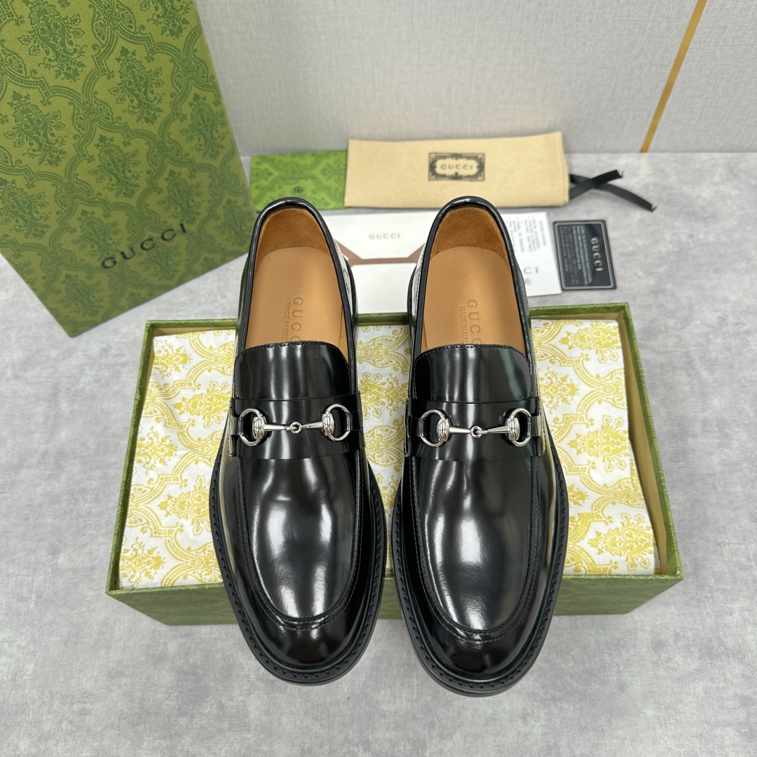 Gucci Men's Black Leather Horsebit Loafers Classic Dress Shoes
