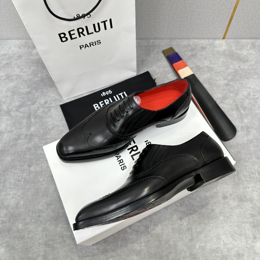💋💍Berlut* 布鲁提 新款男士假系带一脚蹬手工擦色正装皮鞋出货 甄选优质进口小牛皮鞋面 手