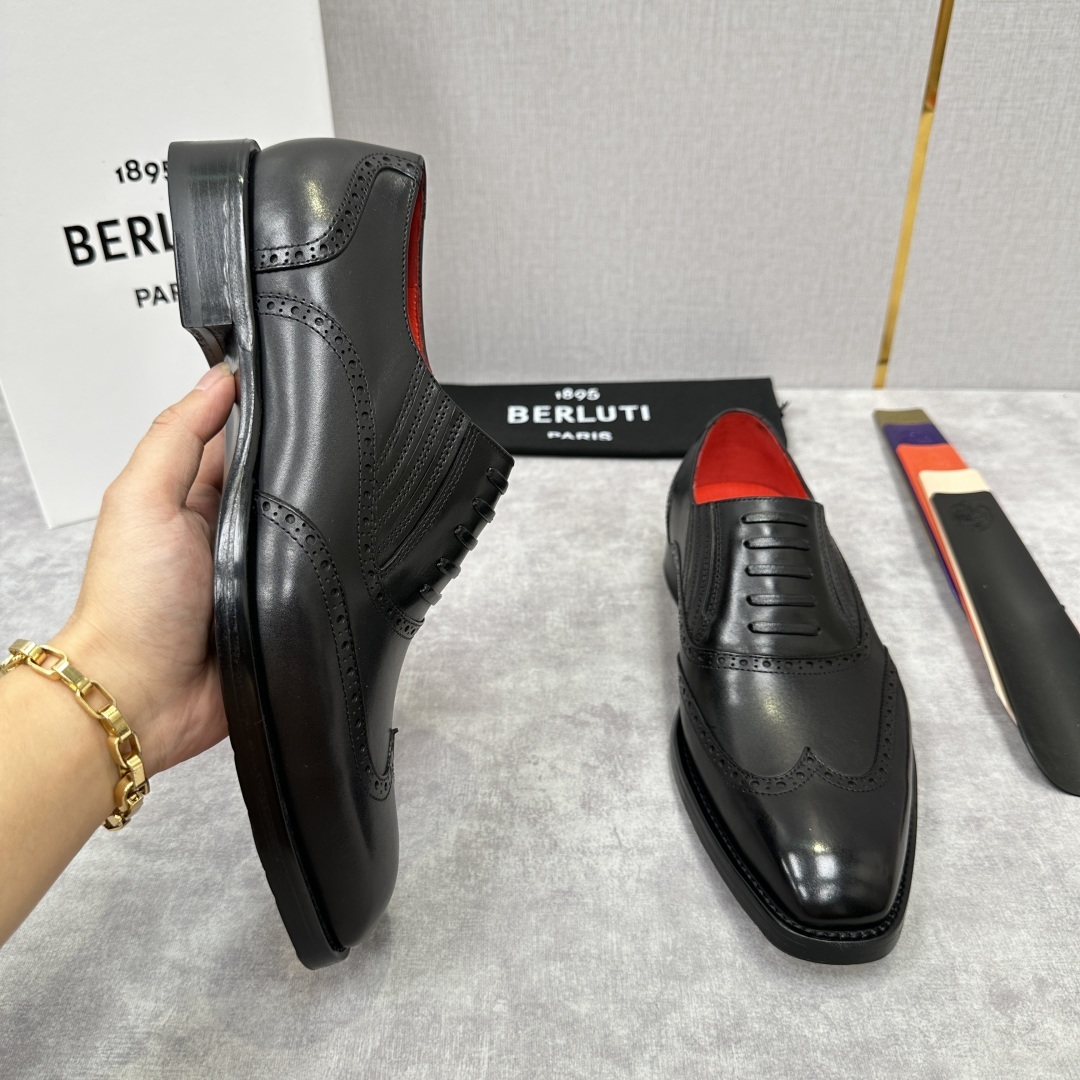 💋💍Berlut* 布鲁提 新款男士假系带一脚蹬手工擦色正装皮鞋出货 甄选优质进口小牛皮鞋面 手