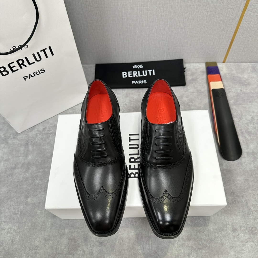 💋💍Berlut* 布鲁提 新款男士假系带一脚蹬手工擦色正装皮鞋出货 甄选优质进口小牛皮鞋面 手