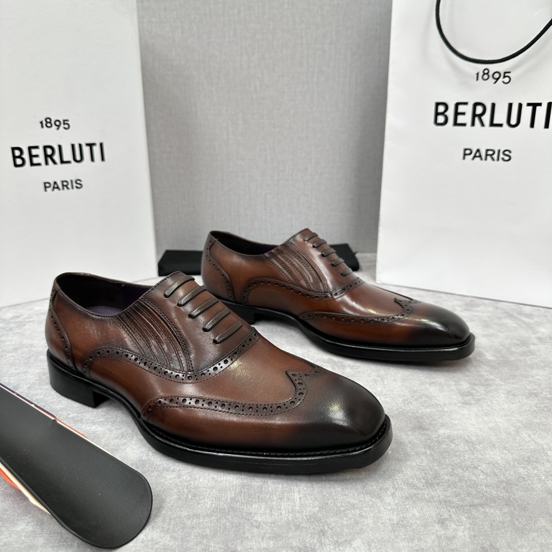 💋💍Berlut* 布鲁提 新款男士假系带一脚蹬手工擦色正装皮鞋出货 甄选优质进口小牛皮鞋面 手