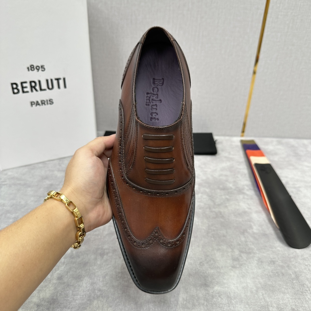 💋💍Berlut* 布鲁提 新款男士假系带一脚蹬手工擦色正装皮鞋出货 甄选优质进口小牛皮鞋面 手
