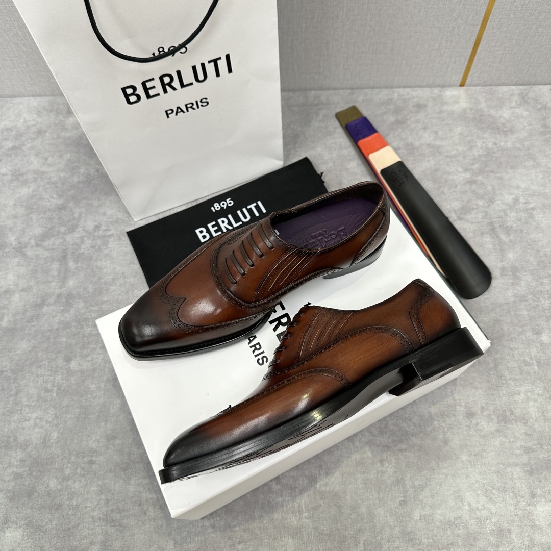 💋💍Berlut* 布鲁提 新款男士假系带一脚蹬手工擦色正装皮鞋出货 甄选优质进口小牛皮鞋面 手