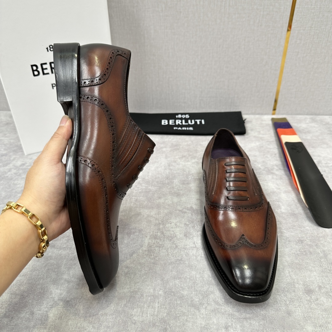 💋💍Berlut* 布鲁提 新款男士假系带一脚蹬手工擦色正装皮鞋出货 甄选优质进口小牛皮鞋面 手