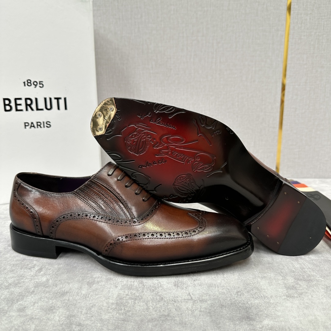 💋💍Berlut* 布鲁提 新款男士假系带一脚蹬手工擦色正装皮鞋出货 甄选优质进口小牛皮鞋面 手