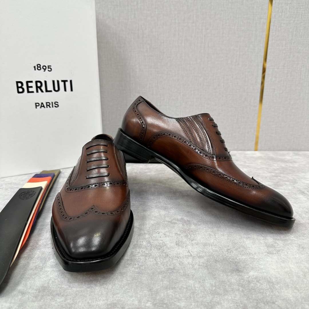 💋💍Berlut* 布鲁提 新款男士假系带一脚蹬手工擦色正装皮鞋出货 甄选优质进口小牛皮鞋面 手